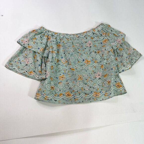 LAIA Tops Womens Small Green Floral Short-Sleeve Boat Neck Cotton Blouse Eyelet - Picture 9 of 10